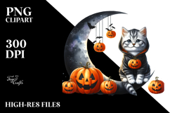 Watercolor Kitten Halloween Moon PNG Product Image 2