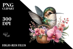 Watercolor Detailed Baby Hummingbird with Orchid Bouquet Product Image 2