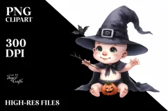 Funny Watercolor Baby Witch Halloween | Sublimation Clipart Product Image 1