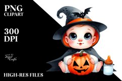 Funny Watercolor Baby Witch Halloween | Sublimation Clipart Product Image 1