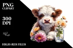 Watercolor Highland Cow with Chrysanthemum | Sublimation | Product Image 1