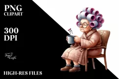 Old Lady with Hair Curlers and Mug | Clipart Product Image 1