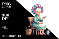 Old Lady with Hair Curlers and Tea Cup | Clipart Product Image 2