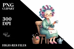 Old Lady with Hair Curlers and Tea Cup | Clipart Product Image 1