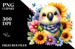 Colorful Baby Parrot with Sunflowers, Transparent PNG Product Image 1