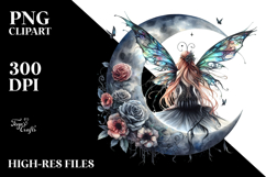 Gothic Fairy on the Moon, Watercolor PNG Product Image 2
