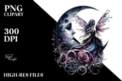 Gothic Fairy on the Moon, Watercolor PNG Product Image 2