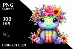 Cartoon Turtle with Flower Crown, Colorful Watercolor PNG Product Image 1