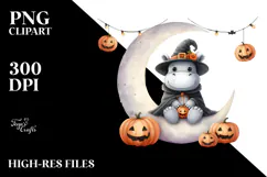 Watercolor Hippo Halloween Moon PNG Product Image 2