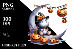 Watercolor Hippo Halloween Moon PNG Product Image 2