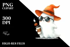 Cute Ghost with Sunglasses Holding Coffee PNG Product Image 3