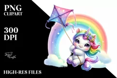 Cute Baby Unicorn Swinging Rainbow Whimsical Kite Clipart Product Image 1