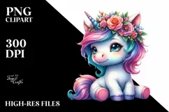 Sitting Unicorn with Floral Wreath, Vibrant Watercolor PNG Product Image 3