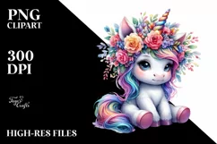 Sitting Unicorn with Floral Wreath, Vibrant Watercolor PNG Product Image 1