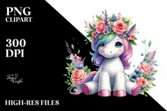 Sitting Unicorn with Floral Wreath, Vibrant Watercolor PNG Product Image 1