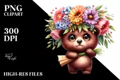 Watercolor Baby Bear Holding Flower Bouquet | Summer Clipart Product Image 1