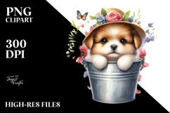 Watercolor Baby Dog in Flower Bucket, PNG Product Image 2