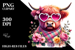 Pink Highland Cow with Heart Shaped Sunglasses, PNG Product Image 2