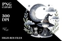 Simple Watercolor Witch with Cat PNG Product Image 2