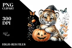 Baby Tiger Holding Halloween Pumpkin PNG Product Image 1