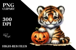Baby Tiger Holding Halloween Pumpkin PNG Product Image 3