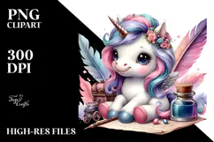 Colorful Unicorn with Quill and Ink PNG Product Image 2