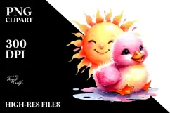 Watercolor Pink-ish Smiling Cute Duck on Smiling Sun PNG Product Image 2
