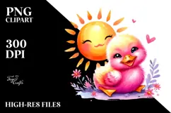 Watercolor Pink-ish Smiling Cute Duck on Smiling Sun PNG Product Image 2