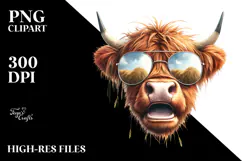 Funny Highland Cow with Sunglasses and Hay Straw PNG Product Image 2
