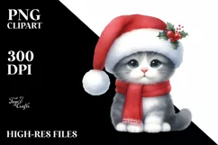 Christmas Cat Sitting with Santa Hat PNG Product Image 3
