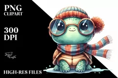Cute Turtle with Scarf Watercolor Clipart Product Image 1