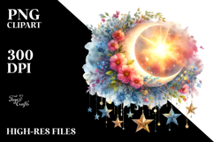 Vibrant Moon with Stars Drawing and Flowers PNG Product Image 2