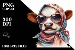 Cute Cow with Silk Scarf Watercolor Clipart Product Image 3