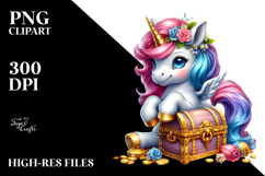 Colorful Baby Unicorn with Treasure Chest, PNG Product Image 2