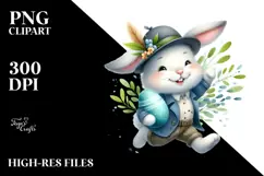 Watercolor Smiling Bunny with Modern Hat PNG Product Image 2