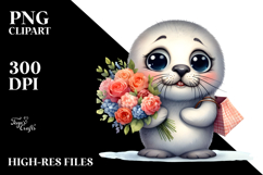 Watercolor Baby Seal Big Eyes with Flower Bouquet on Product Image 2