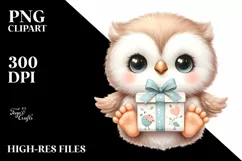Cute Baby Owl with Gift Box PNG Product Image 3