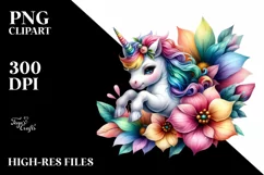 Colorful Unicorn with Artistic Flower PNG Product Image 1