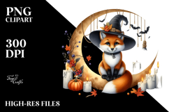 Fox Dressed for Halloween Sitting on Half Moon PNG Product Image 2