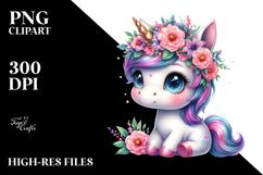 Cute Unicorn with Floral Wreath, PNG Product Image 2