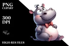 Silly Cartoon Hippo with Bow Tie PNG Product Image 2