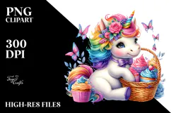 Colorful Baby Unicorn with Cupcakes, PNG Product Image 2
