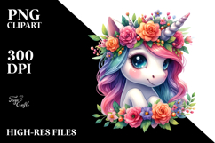 Cute Unicorn with Floral Wreath, PNG Product Image 2