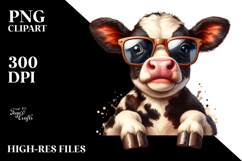 Baby Cow Funny Sunglasses, Watercolor PNG Product Image 2