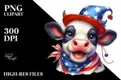 Cow Portrait with Party Hat in USA Flag Colors | Clipart Product Image 1