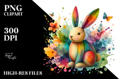 Colorful Bunny made of Wood on Splashy Background, PNG Product Image 2