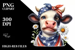 Watercolor Cow Portrait with Bandana & Daisy | Clipart Product Image 3