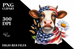 Watercolor Cow Portrait with Bandana & Daisy | Clipart Product Image 3
