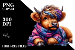 Vibrant Highland Cow in Watercolor, High-Res PNG Product Image 2