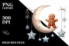 Cute Winter Gingerbread Man behind Moon PNG Product Image 3